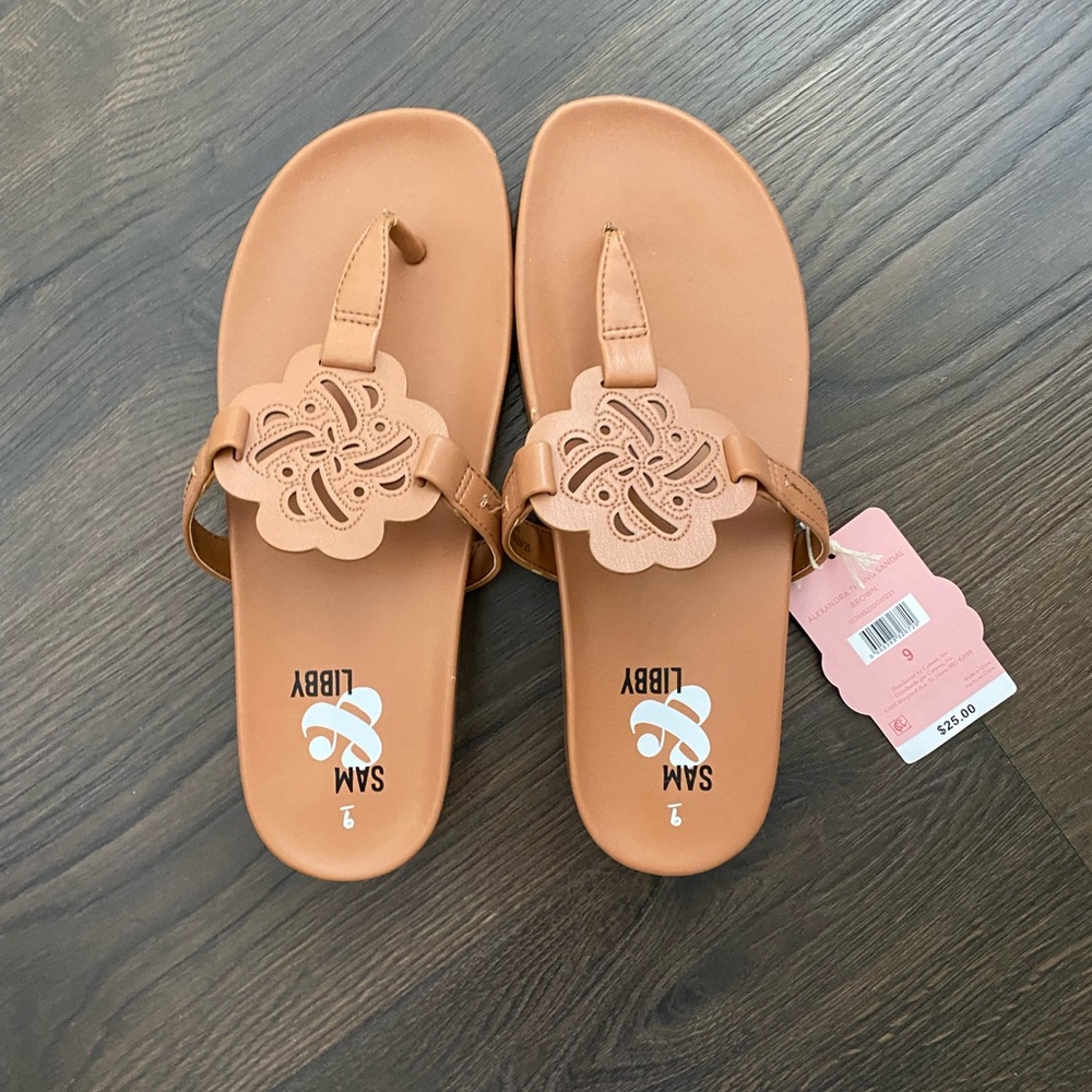 Sam & Libby Tan Floral Cutout Toe-Post Sandals